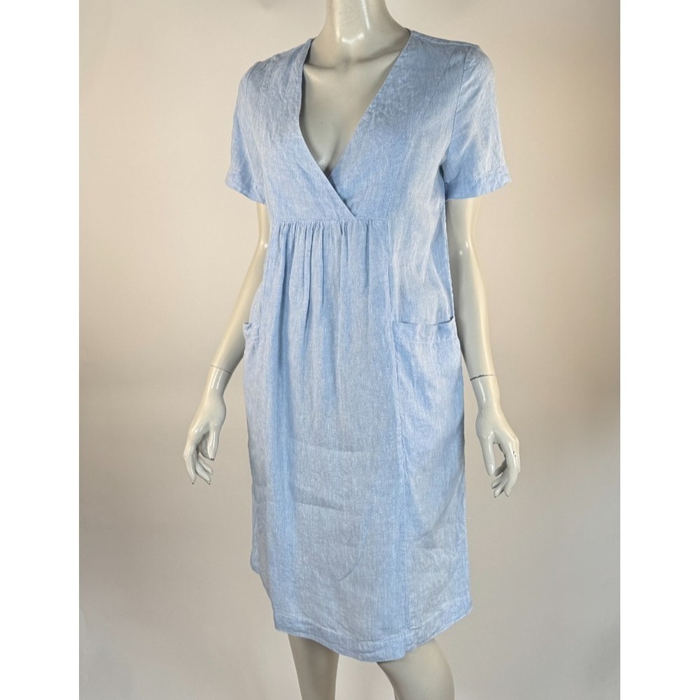 White Label Shift Linen Dress Women 6 Pockets Short Sleeve V-neck Washable Blue - Picture 3 of 10